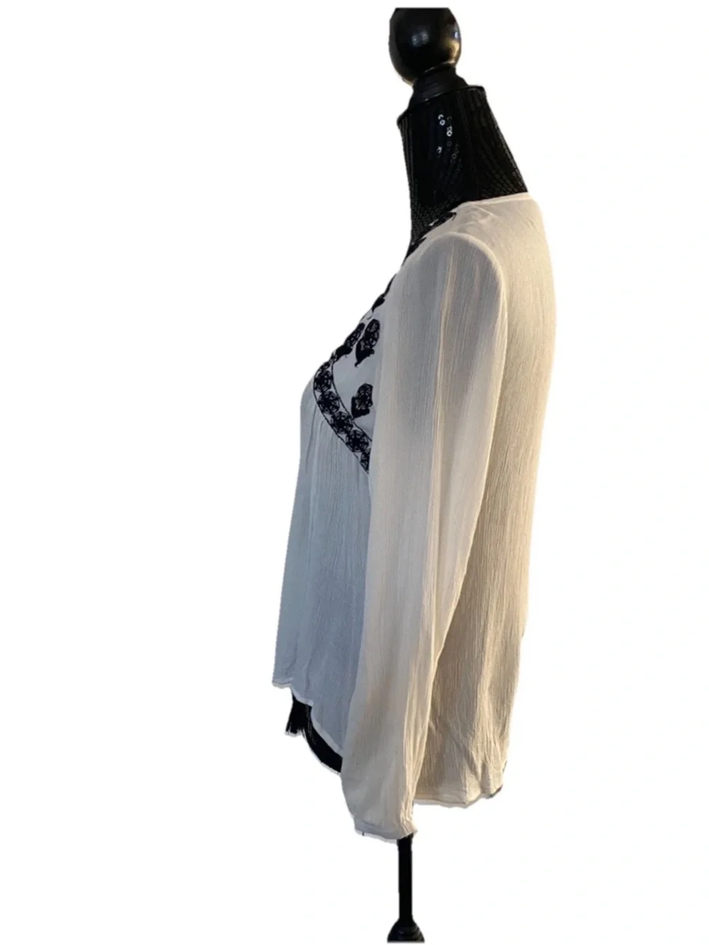 Tiffosi Women's Ivory Peasant Boho Blouse Top with Black Embroidery Women’s Sz S - Picture 5 of 16